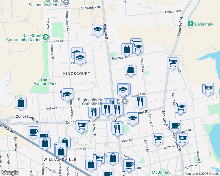map of restaurants, bars, coffee shops, grocery stores, and more near in Kingston