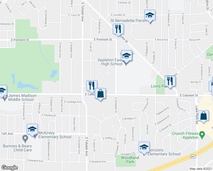map of restaurants, bars, coffee shops, grocery stores, and more near 1833 South Schaefer Street in Appleton