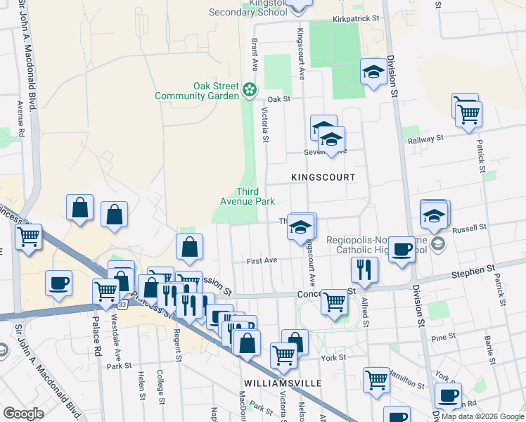 map of restaurants, bars, coffee shops, grocery stores, and more near 808 Victoria Street in Kingston