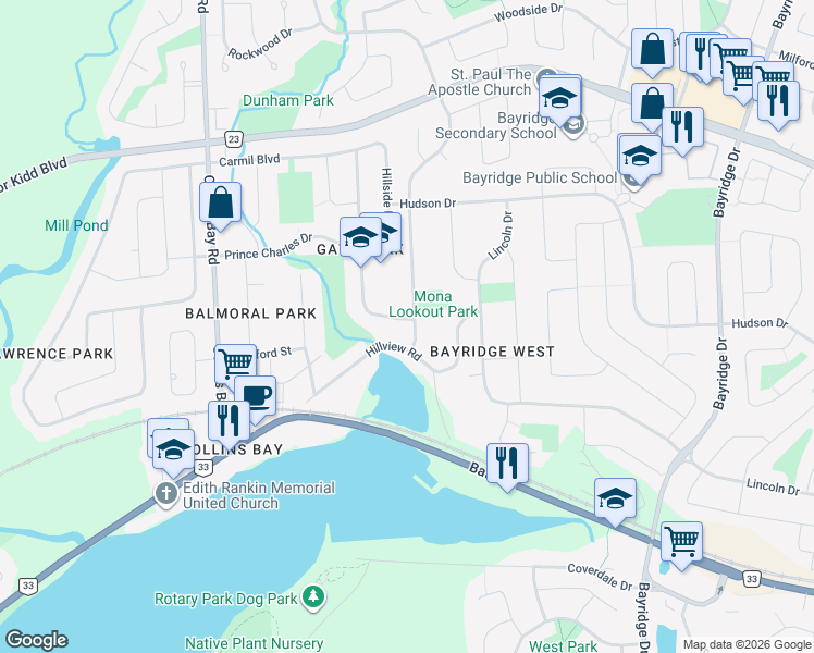map of restaurants, bars, coffee shops, grocery stores, and more near 687 High Gate Park Drive in Kingston