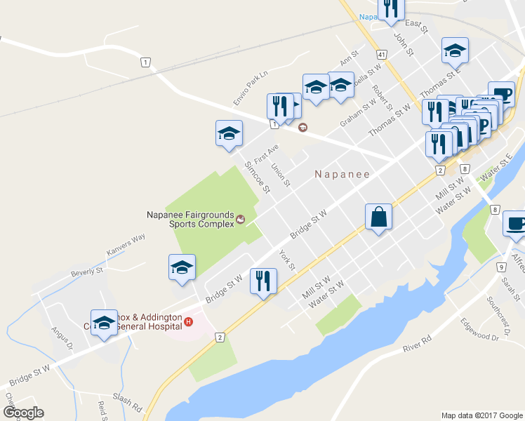 map of restaurants, bars, coffee shops, grocery stores, and more near 243 Thomas Street West in Napanee