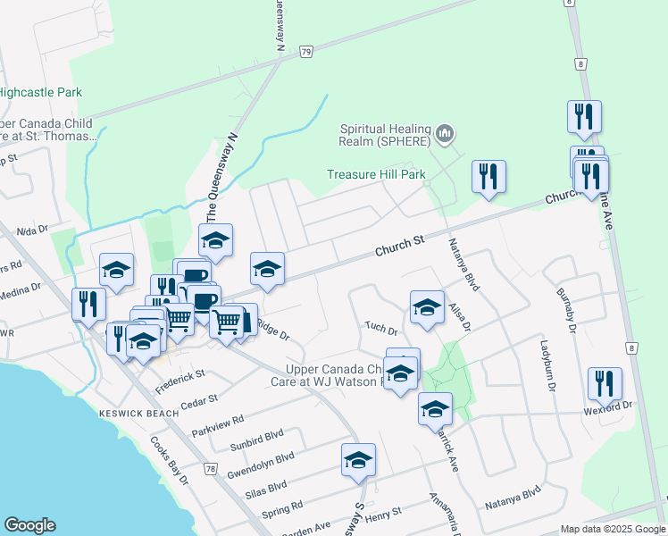 map of restaurants, bars, coffee shops, grocery stores, and more near 146 Church Street in Georgina