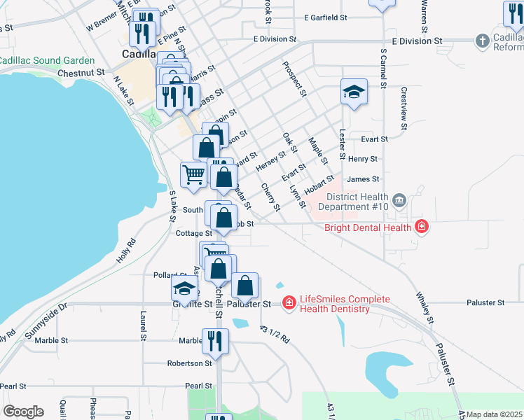 map of restaurants, bars, coffee shops, grocery stores, and more near 700-798 Cherry Street in Cadillac