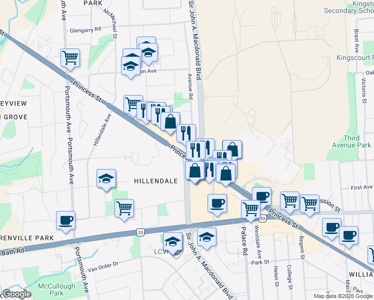 map of restaurants, bars, coffee shops, grocery stores, and more near 1129 Princess Street in Kingston