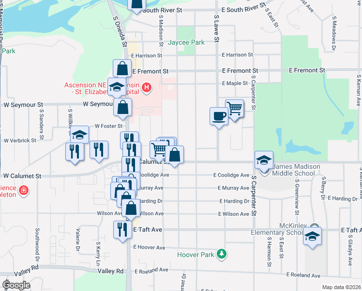 map of restaurants, bars, coffee shops, grocery stores, and more near 1826 South Jefferson Street in Appleton