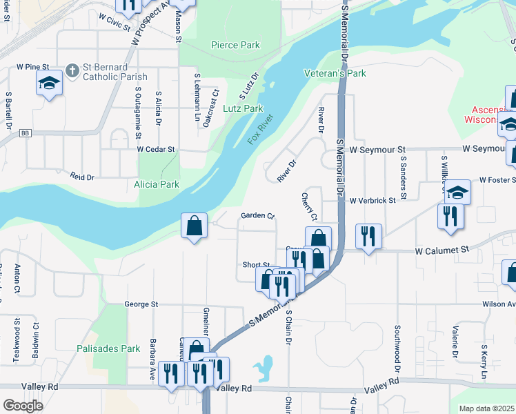map of restaurants, bars, coffee shops, grocery stores, and more near 44 Garden Court in Appleton