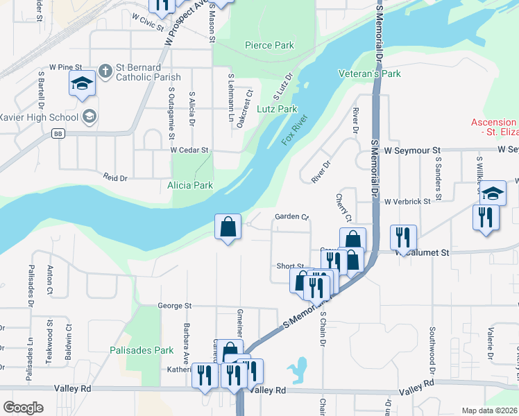 map of restaurants, bars, coffee shops, grocery stores, and more near 102 Hidden Acres in Appleton