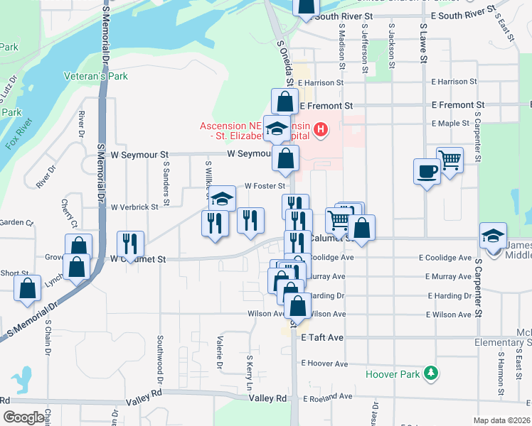 map of restaurants, bars, coffee shops, grocery stores, and more near 52 Foster Court in Appleton