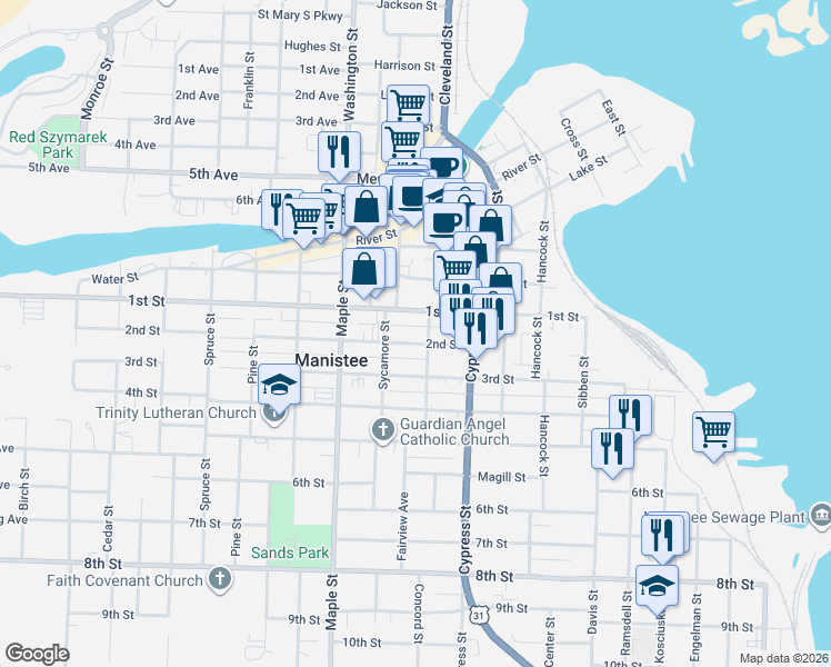 map of restaurants, bars, coffee shops, grocery stores, and more near 106 Walnut Street in Manistee