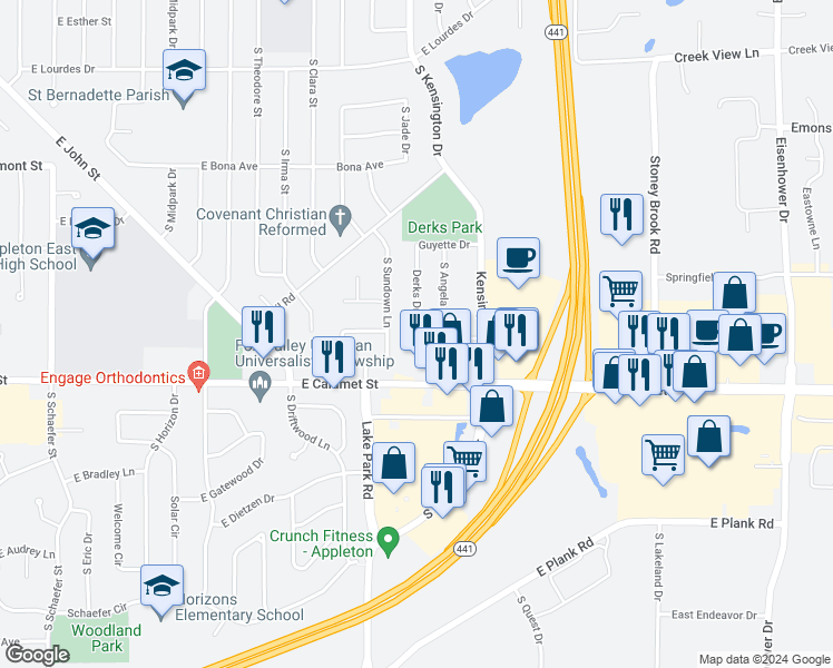 map of restaurants, bars, coffee shops, grocery stores, and more near 1824 Derks Drive in Appleton