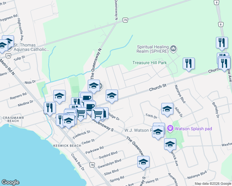 map of restaurants, bars, coffee shops, grocery stores, and more near 253 Danny Wheeler Boulevard in Georgina