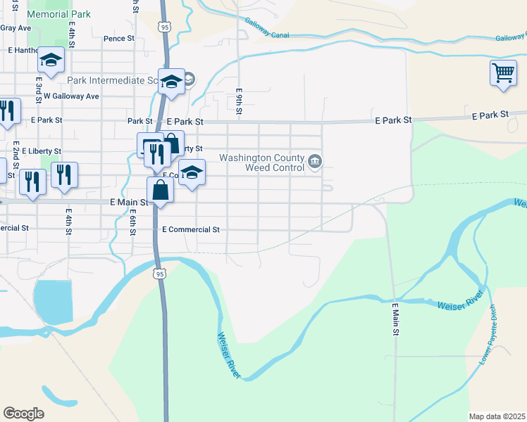 map of restaurants, bars, coffee shops, grocery stores, and more near 1003 East Main Street in Weiser