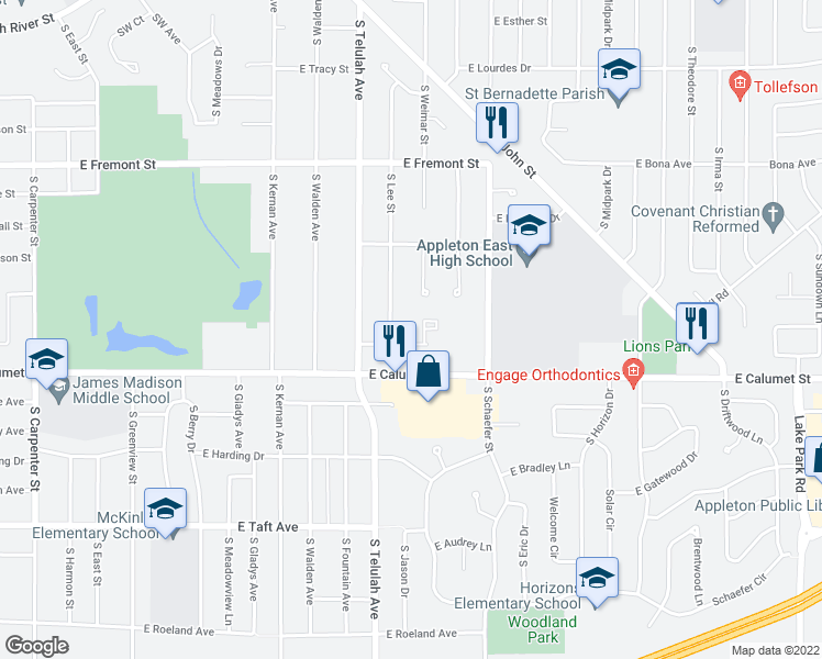 map of restaurants, bars, coffee shops, grocery stores, and more near 1806 Robin Way in Appleton