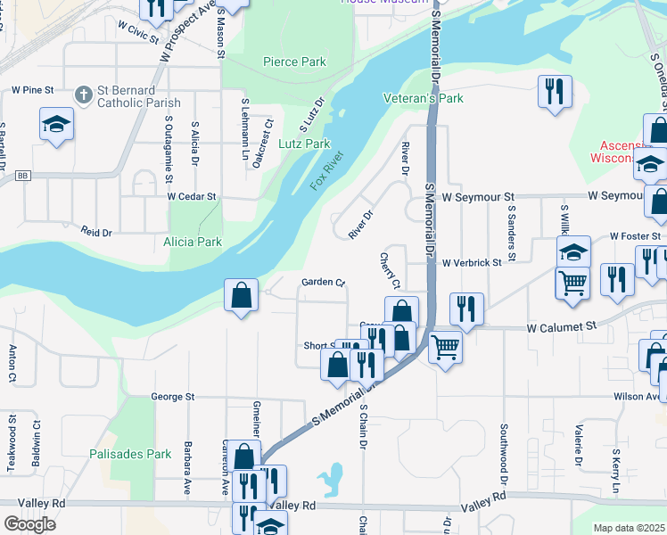 map of restaurants, bars, coffee shops, grocery stores, and more near 44 Garden Court in Appleton