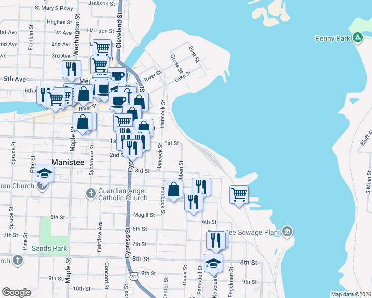 map of restaurants, bars, coffee shops, grocery stores, and more near 255 1st Street in Manistee