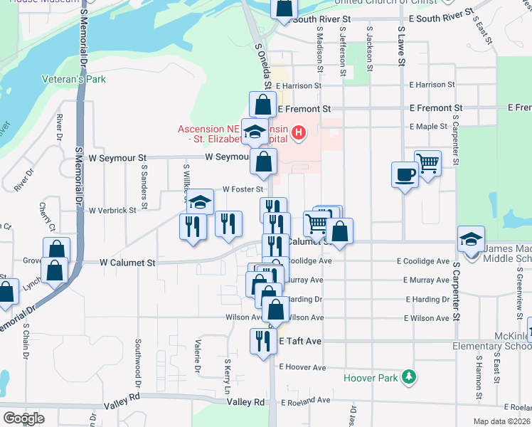 map of restaurants, bars, coffee shops, grocery stores, and more near 1822 South Oneida Street in Appleton