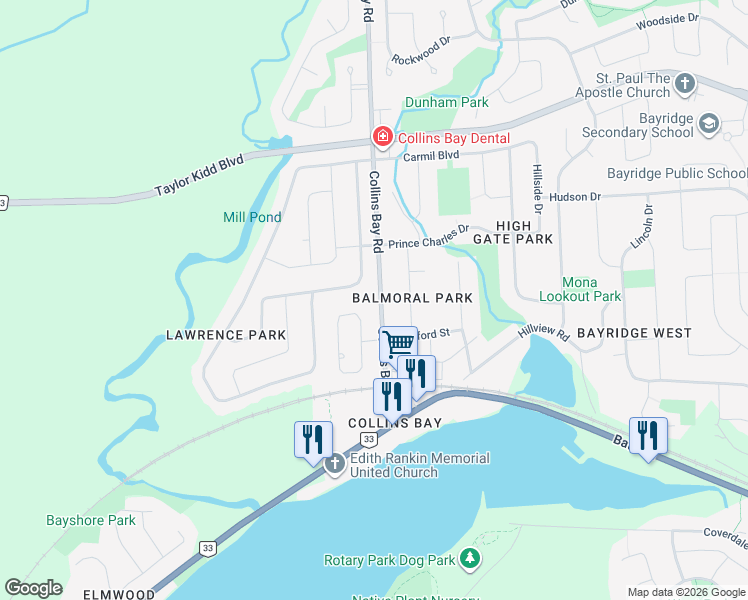 map of restaurants, bars, coffee shops, grocery stores, and more near 1325 Waverley Crescent in Kingston