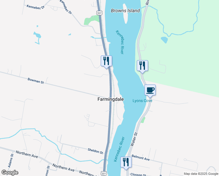 map of restaurants, bars, coffee shops, grocery stores, and more near 210 Maine Avenue in Farmingdale