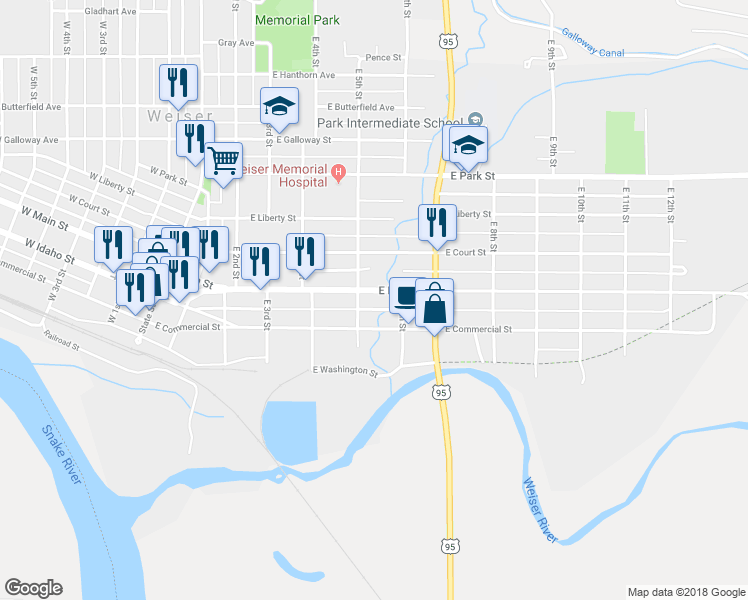 map of restaurants, bars, coffee shops, grocery stores, and more near 513 East Main Street in Weiser