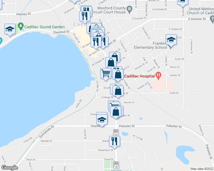map of restaurants, bars, coffee shops, grocery stores, and more near 614 South Mitchell Street in Cadillac