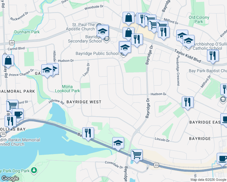 map of restaurants, bars, coffee shops, grocery stores, and more near 697 Fleet Street in Kingston