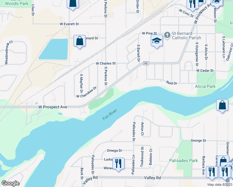 map of restaurants, bars, coffee shops, grocery stores, and more near 2115 W Prospect Ave in Appleton