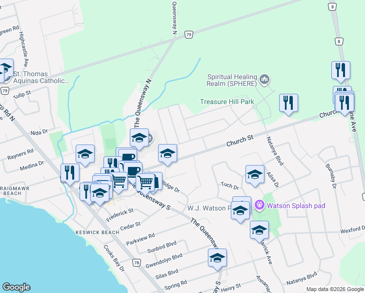 map of restaurants, bars, coffee shops, grocery stores, and more near 245 Danny Wheeler Boulevard in Georgina