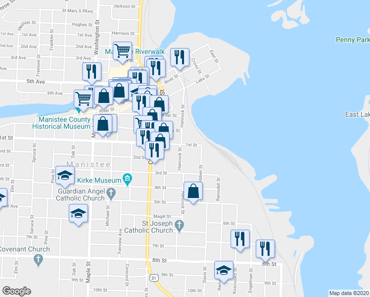 map of restaurants, bars, coffee shops, grocery stores, and more near 275 1st Street in Manistee