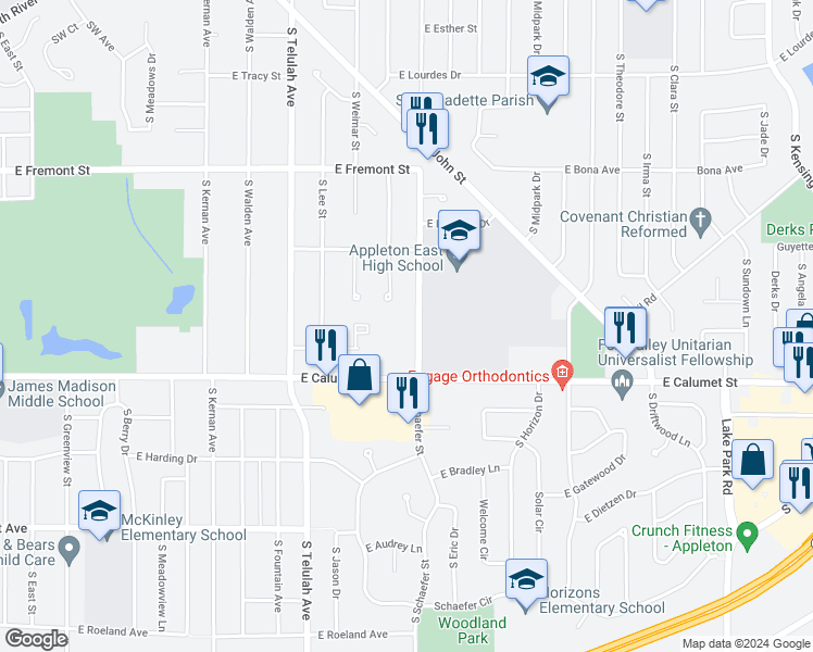 map of restaurants, bars, coffee shops, grocery stores, and more near 1821 South Schaefer Street in Appleton