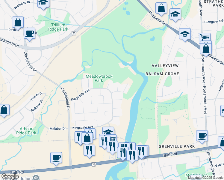 map of restaurants, bars, coffee shops, grocery stores, and more near 233 Danforth Avenue in Kingston