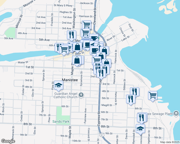 map of restaurants, bars, coffee shops, grocery stores, and more near 106 Walnut Street in Manistee