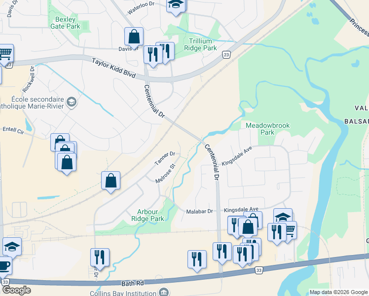 map of restaurants, bars, coffee shops, grocery stores, and more near 632 Melrose Street in Kingston