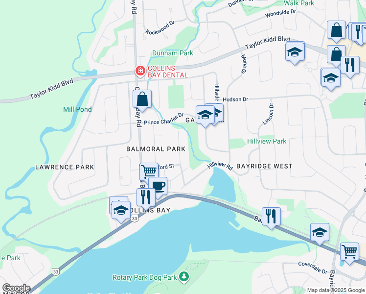 map of restaurants, bars, coffee shops, grocery stores, and more near 712 Centre Street in Kingston