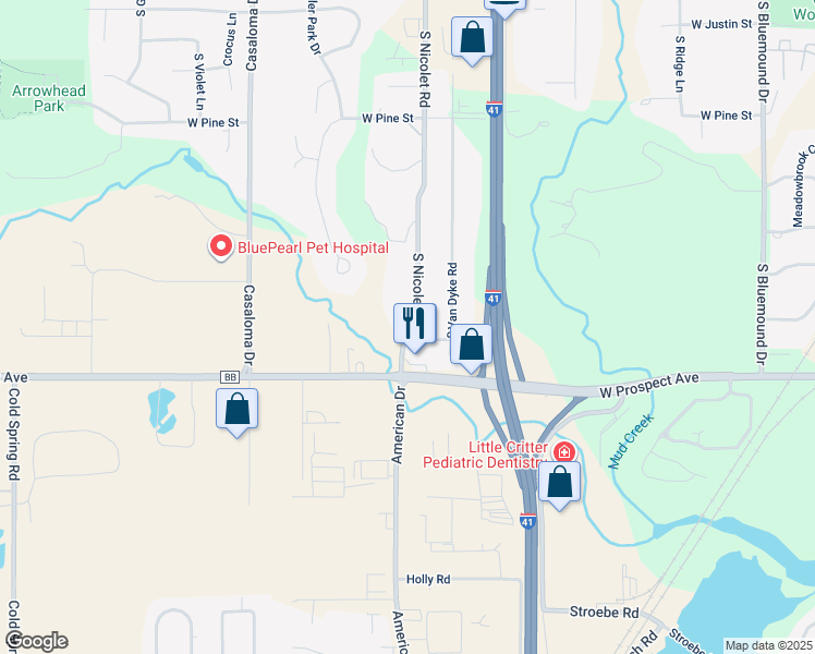 map of restaurants, bars, coffee shops, grocery stores, and more near 1227 South Nicolet Road in Appleton