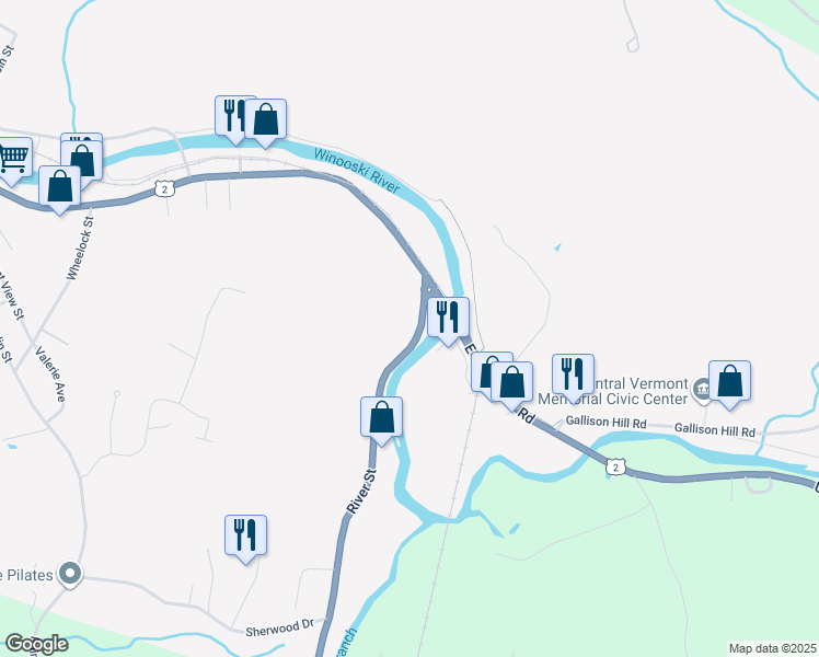 map of restaurants, bars, coffee shops, grocery stores, and more near 285 River Street in Montpelier