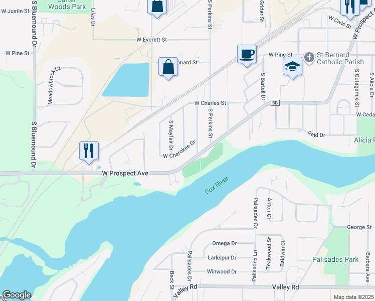 map of restaurants, bars, coffee shops, grocery stores, and more near 2237 West Cherokee Drive in Appleton