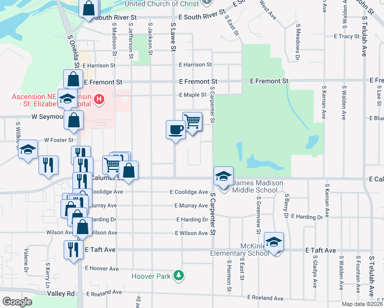 map of restaurants, bars, coffee shops, grocery stores, and more near 54 Fairway Court in Appleton