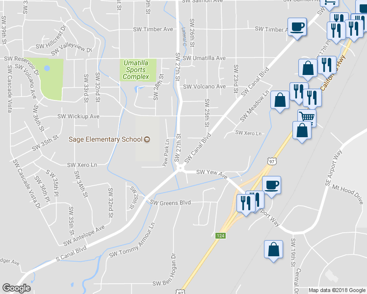 map of restaurants, bars, coffee shops, grocery stores, and more near 3342 Southwest 27th Street in Redmond