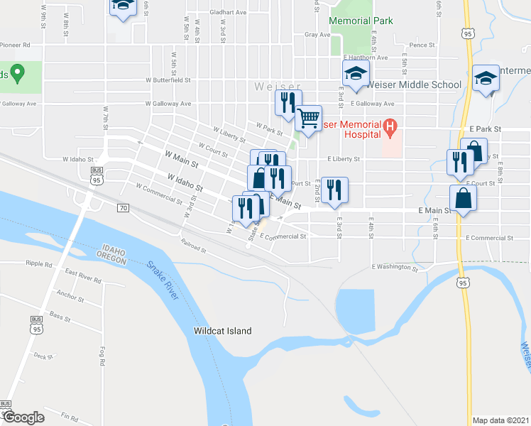map of restaurants, bars, coffee shops, grocery stores, and more near 6 East Idaho Street in Weiser