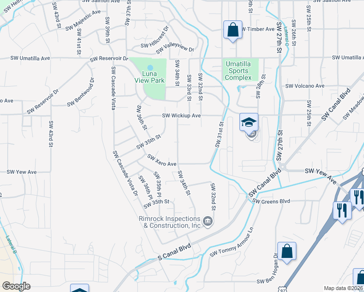 map of restaurants, bars, coffee shops, grocery stores, and more near 3244 Southwest 34th Street in Redmond