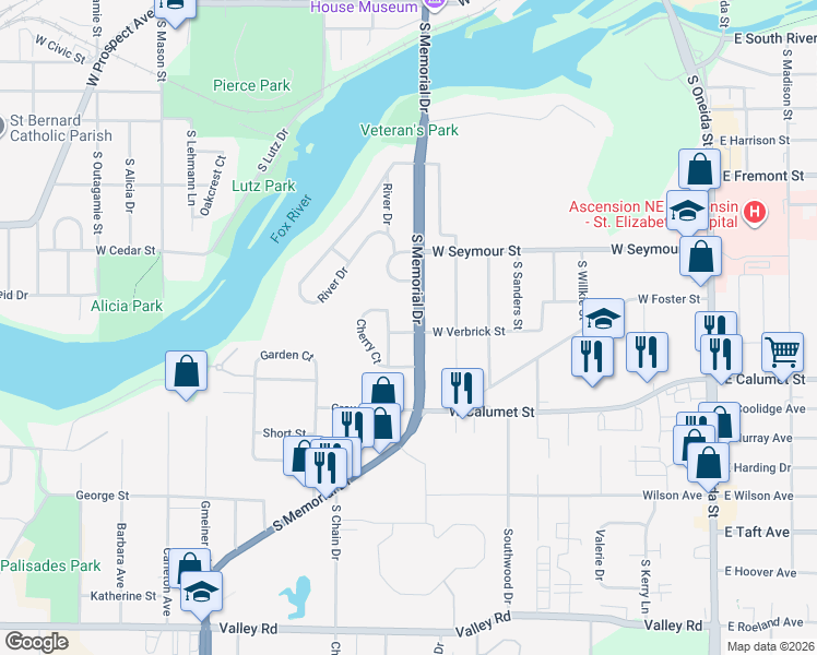 map of restaurants, bars, coffee shops, grocery stores, and more near 700 West Verbrick Street in Appleton