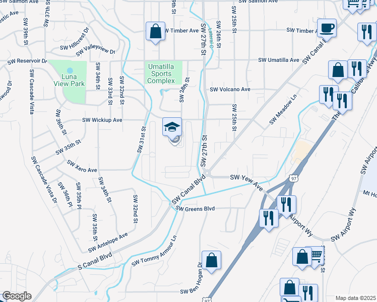 map of restaurants, bars, coffee shops, grocery stores, and more near 3377 Southwest 28th Street in Redmond