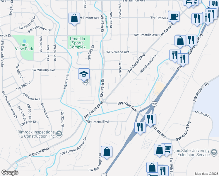map of restaurants, bars, coffee shops, grocery stores, and more near 3342 Southwest 27th Street in Redmond