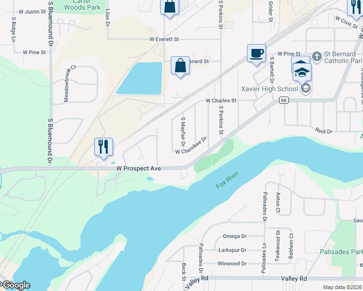 map of restaurants, bars, coffee shops, grocery stores, and more near 1831 South Mayfair Drive in Appleton