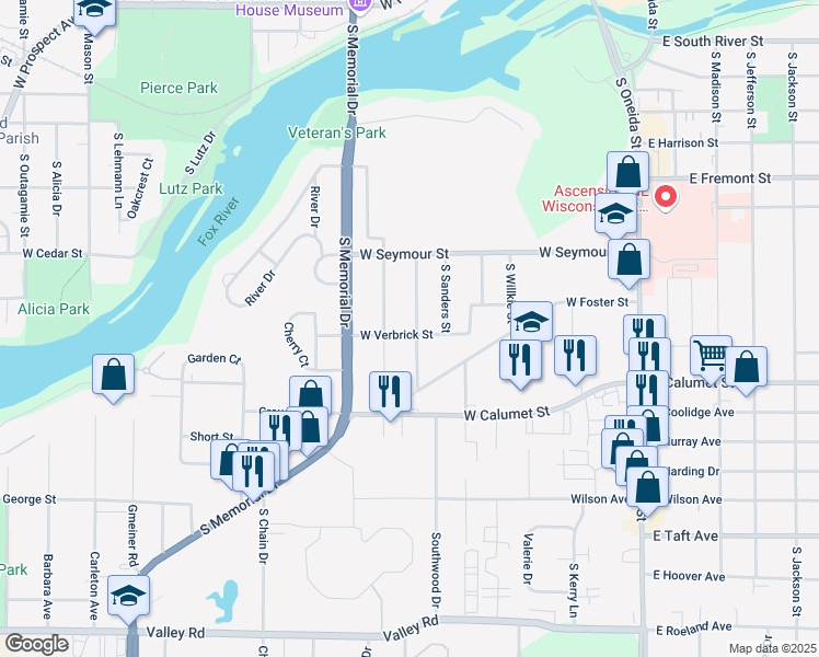 map of restaurants, bars, coffee shops, grocery stores, and more near 526 West Verbrick Street in Appleton