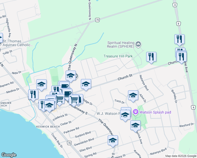 map of restaurants, bars, coffee shops, grocery stores, and more near 237 Danny Wheeler Boulevard in Georgina
