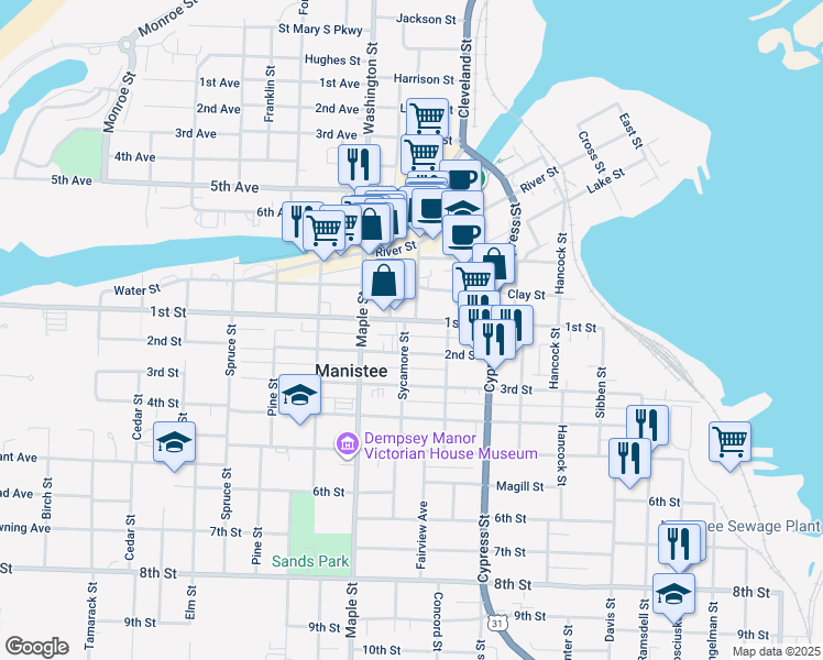 map of restaurants, bars, coffee shops, grocery stores, and more near 105 Sycamore Street in Manistee