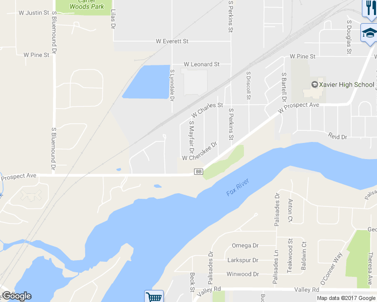 map of restaurants, bars, coffee shops, grocery stores, and more near 1831 South Mayfair Drive in Appleton