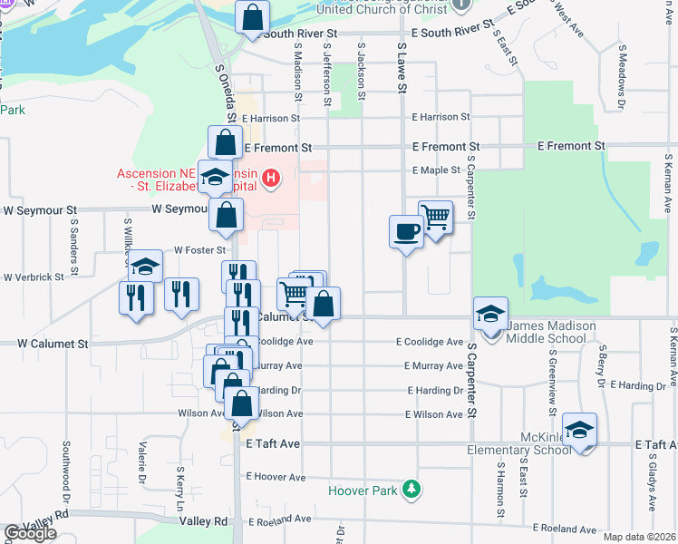 map of restaurants, bars, coffee shops, grocery stores, and more near 1826 South Jefferson Street in Appleton