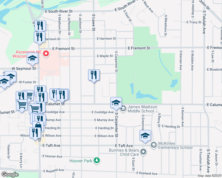 map of restaurants, bars, coffee shops, grocery stores, and more near 12 Fairway Court in Appleton